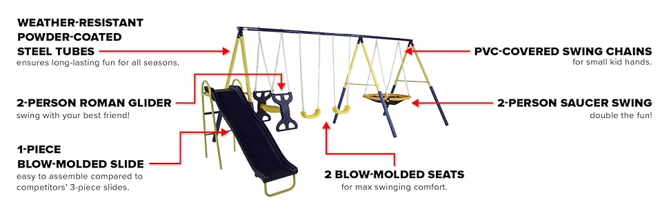 Super Star Outdoor Kids Metal Swing Set: 2 Swings, 1 Flying Saucer, 1 Glider, 1 Wavy Slide - Exceeds ASTM Standards