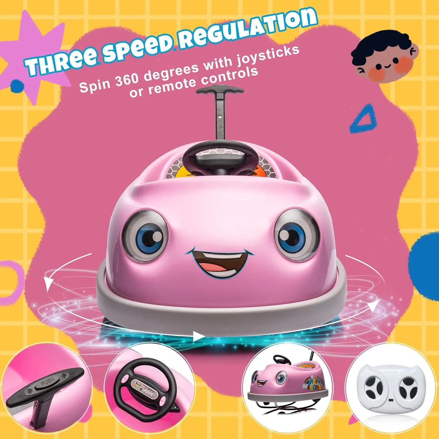 Electric Ride on Kids Bumper Car w/Remote Control,360 Degree Spin,Push Rod Rocker Horse Function,3-Speeds Babies & Toddlers Bump