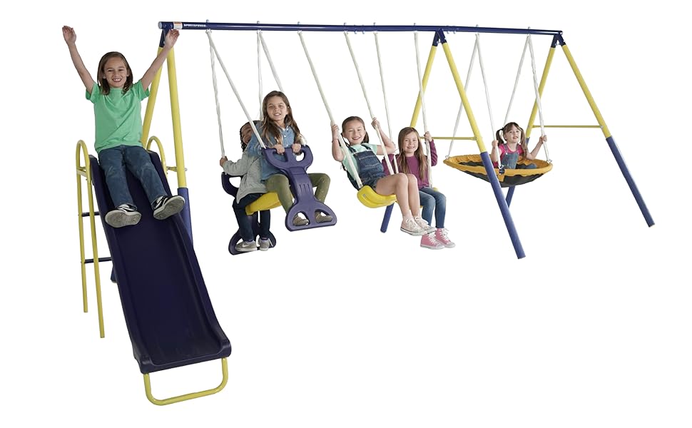 Super Star Outdoor Kids Metal Swing Set: 2 Swings, 1 Flying Saucer, 1 Glider, 1 Wavy Slide - Exceeds ASTM Standards